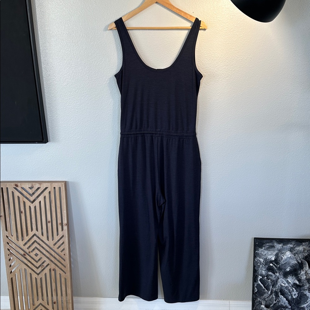 Vuori Falls Henley Waist Tie Dark Heathered Blue Wide Leg Jumpsuit Romper, Med - Picture 5 of 7